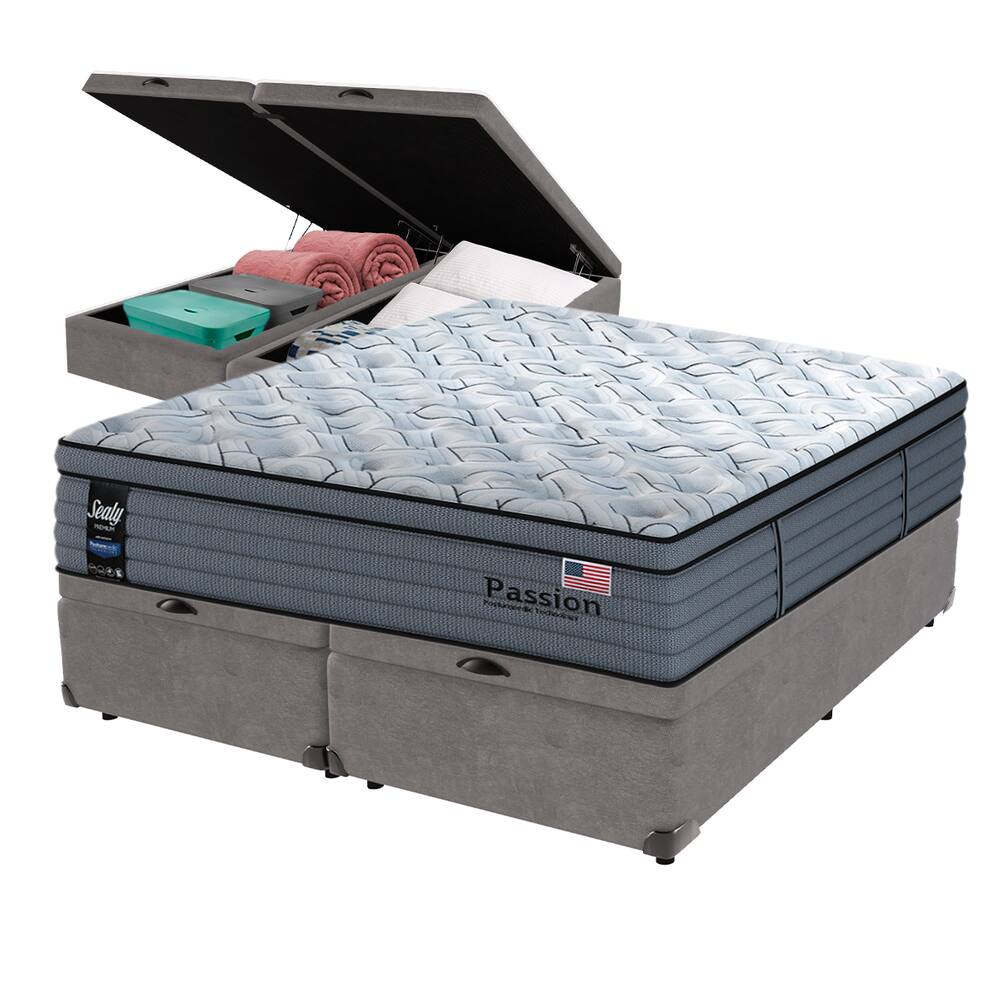 Cama Box Baú Cinza e Colchão Queen Passion Posturepedic Pillow Cloud Sealy