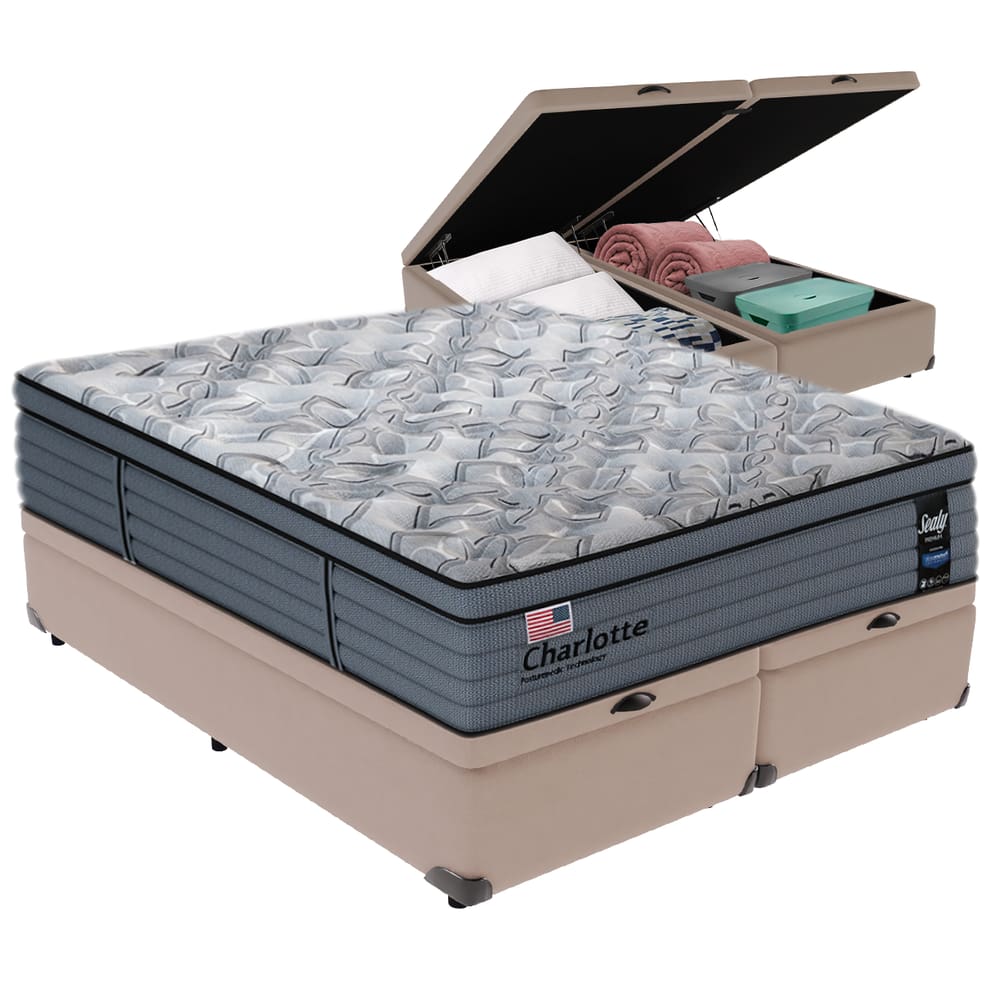 Cama Box Baú Bege e Colchão King Charlotte Molas Ensacadas Sealy
