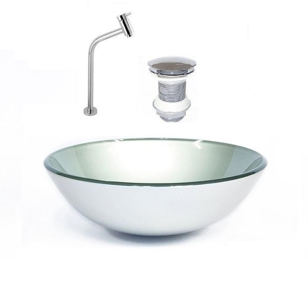 Cuba de Vidro Redonda 42cm + Valvula + Torneira Cromada Prata