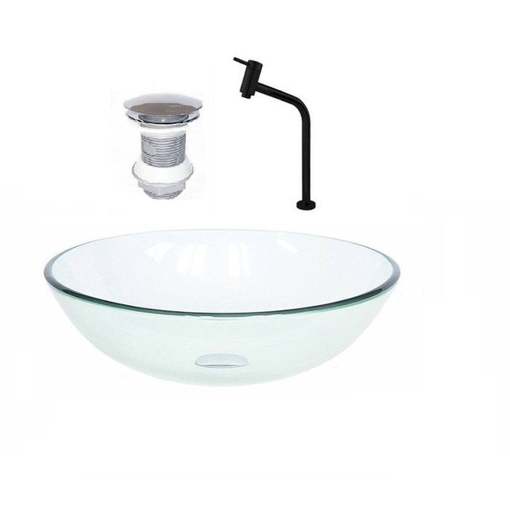 Cuba de Vidro Redonda 31cm + Valvula + Torneira Incolor