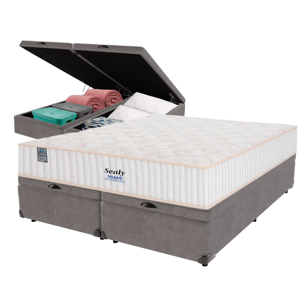Cama Box Baú Cinza e Colchão King Miami Molas Ensacadas Euro Pillow Sealy