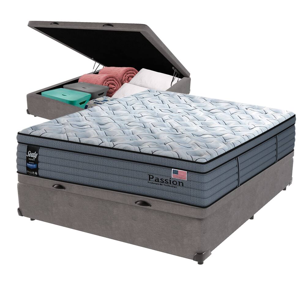 Cama Box Baú Cinza e Colchão Casal Passion Posturepedic Pillow Cloud Sealy
