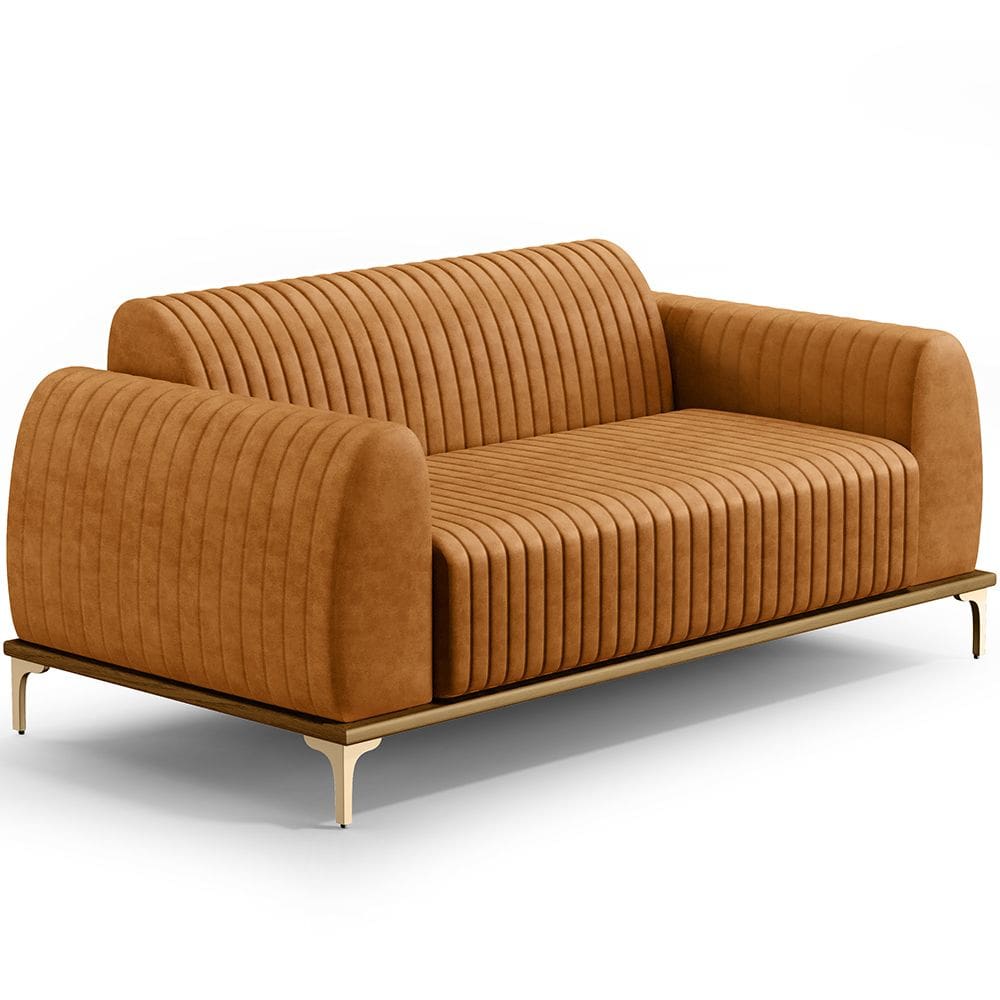 Sofá 3 Lugares Para Sala de Estar Molino 210cm D02 Base Castanho Pés D`Ouro Couríssimo Whisky B-90 - Lyam Decor