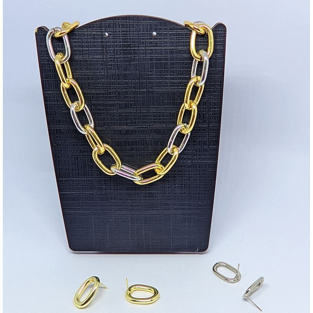 Kit Colar e Brincos Feminino Corrente Elos grosso Mix Misturados Dois Banhos Dourado com Prata Folheado Ouro Luxo