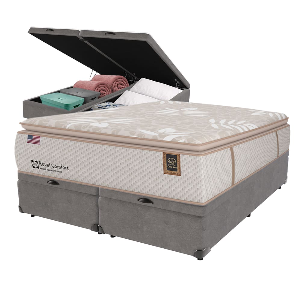 Cama Box Baú Cinza e Colchão Queen Royal Comfort Plus Molas LFK Sealy