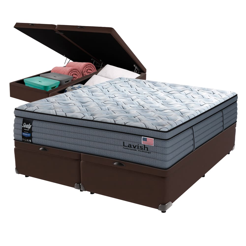 Cama Box Baú Marrom e Colchão King Lavish Molas Ensacadas Sealy
