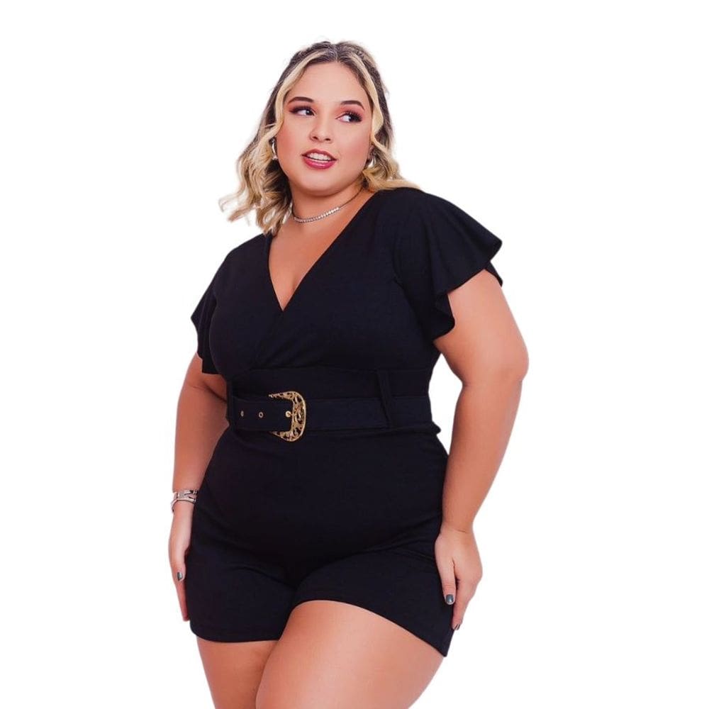 Macaquinho Plus Size Feminino Decote V c Cinto 0558