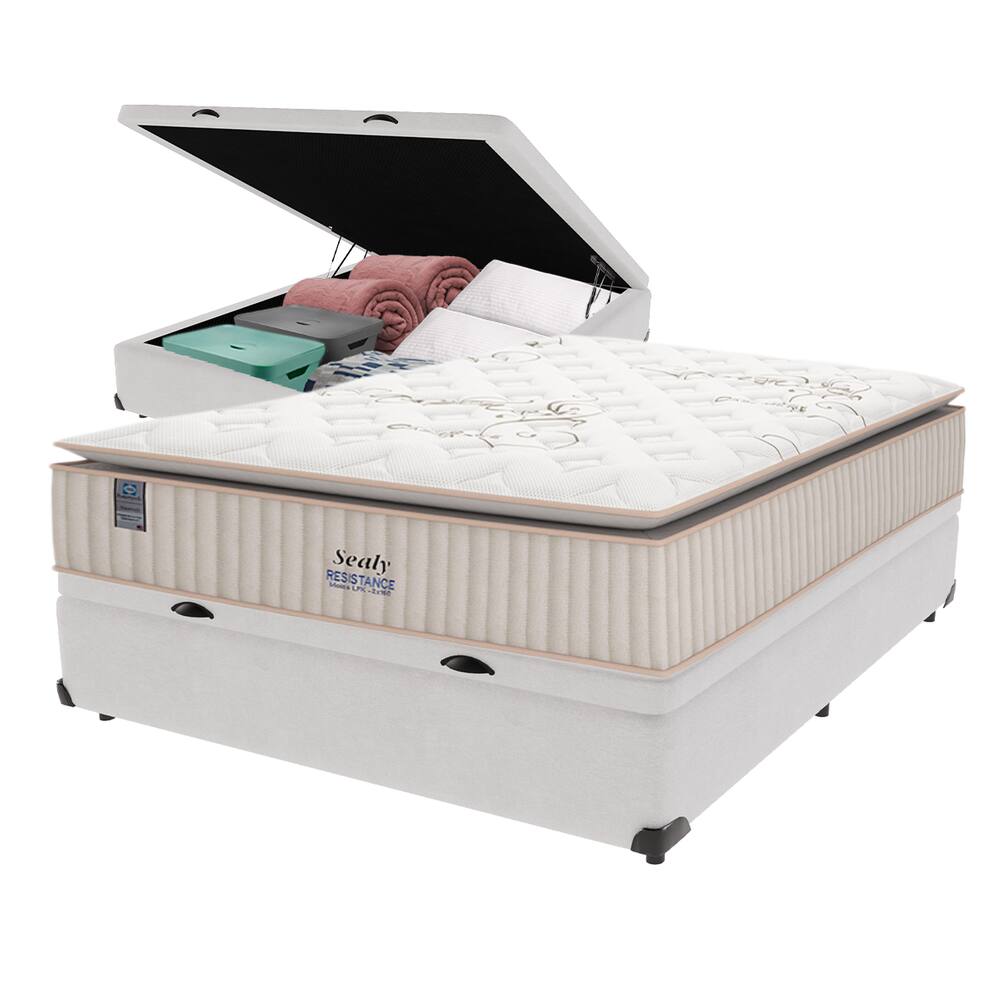 Cama Box Baú Branco e Colchão Casal Resistance Molas LFK Sealy