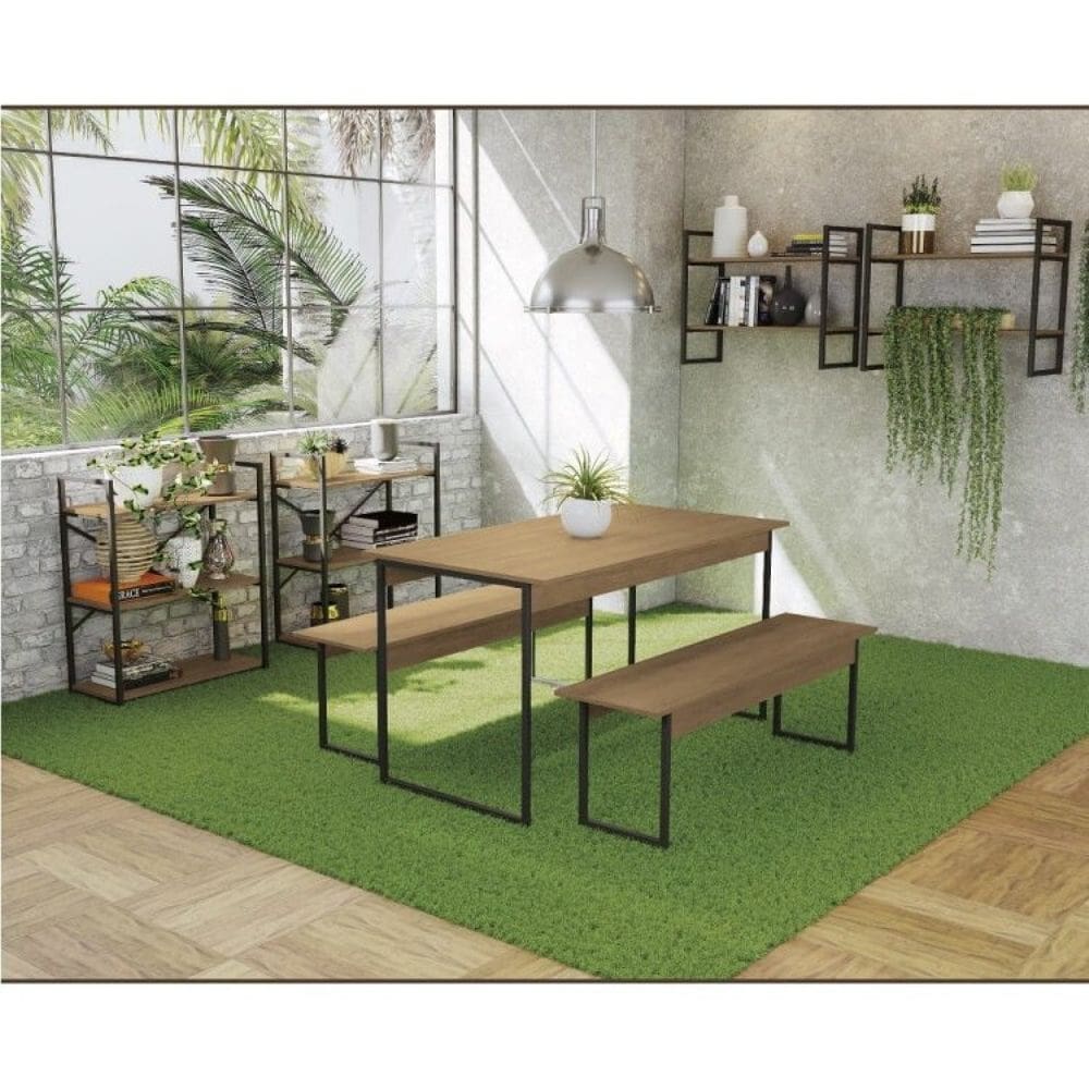 Kit Sala de Jantar Industrial com Mesa/bancos/nichos/estantes Kappesberg Freijó/Preto