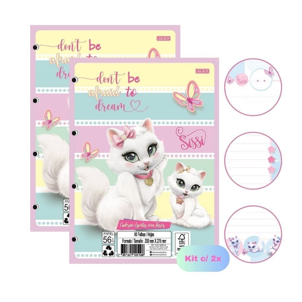 Kit 02 Blocos de Folhas Para Fichário Caderno Argolado Gatinha SISSI Decorado 80 Folhas São Domingos