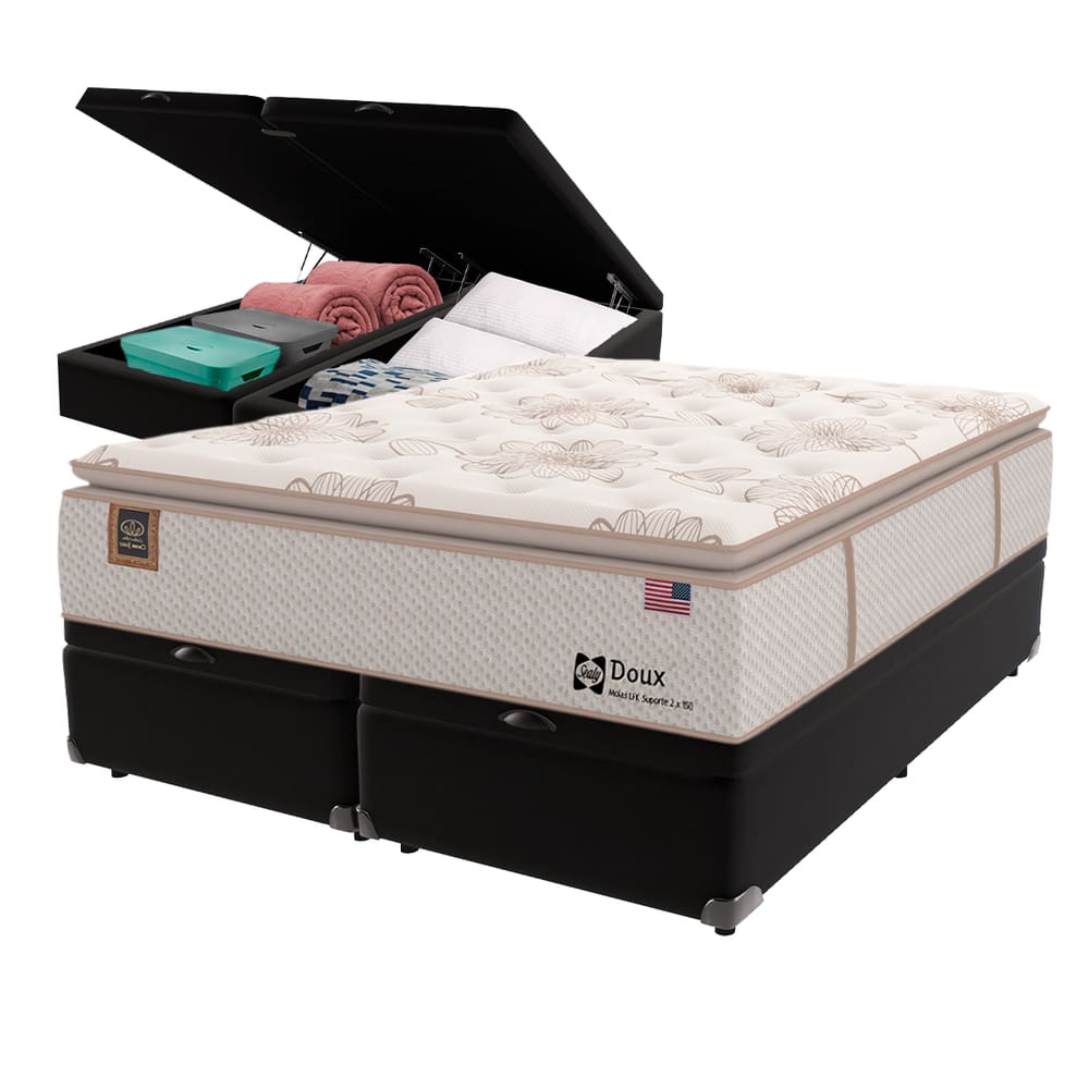 Cama Box Baú Preto e Colchão King Doux Comfort Molas LFK e Europillow Sealy