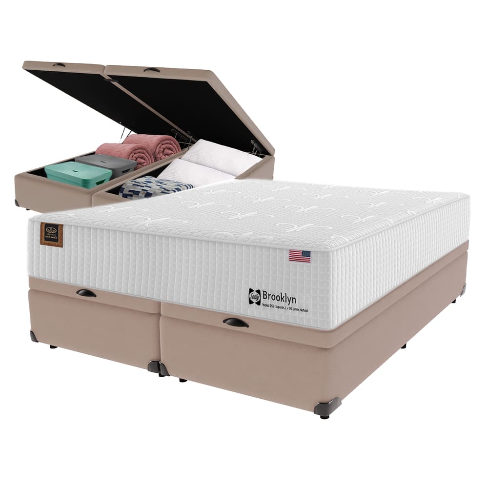 Cama Box Baú Bege e Colchão Queen Brooklin Látex Natural e Molas Sealy