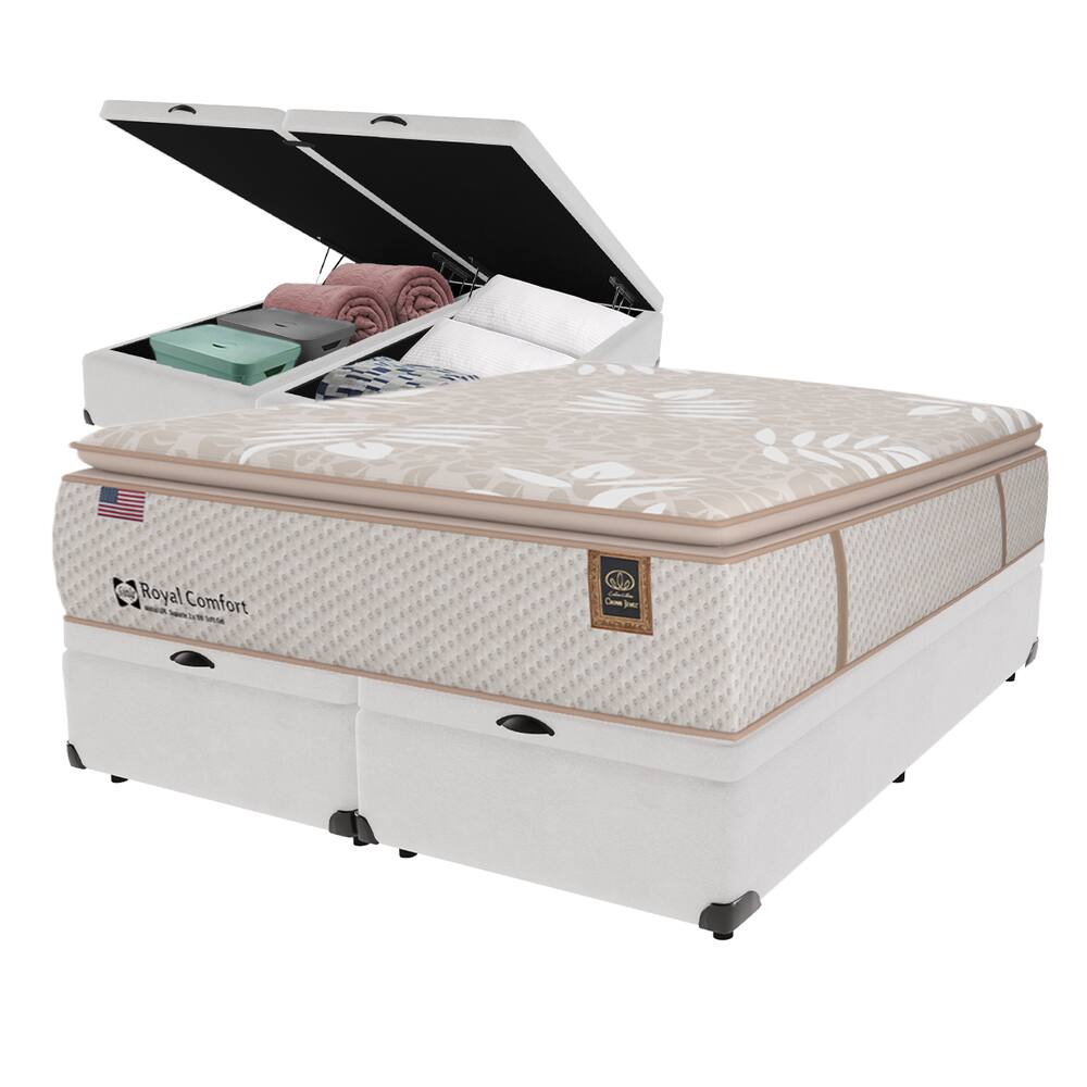 Cama Box Baú Branco e Colchão King Royal Comfort Plus Molas LFK Sealy