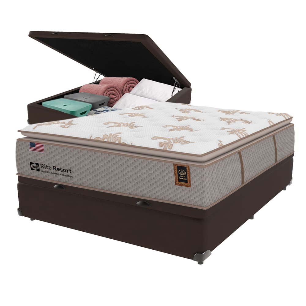 Cama Box Baú Marrom e Colchão Casal Ritz Resort Pillow High Tech Sealy