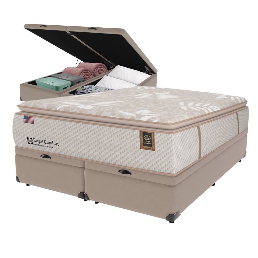 Cama Box Baú Bege e Colchão Queen Royal Comfort Plus Molas LFK Sealy