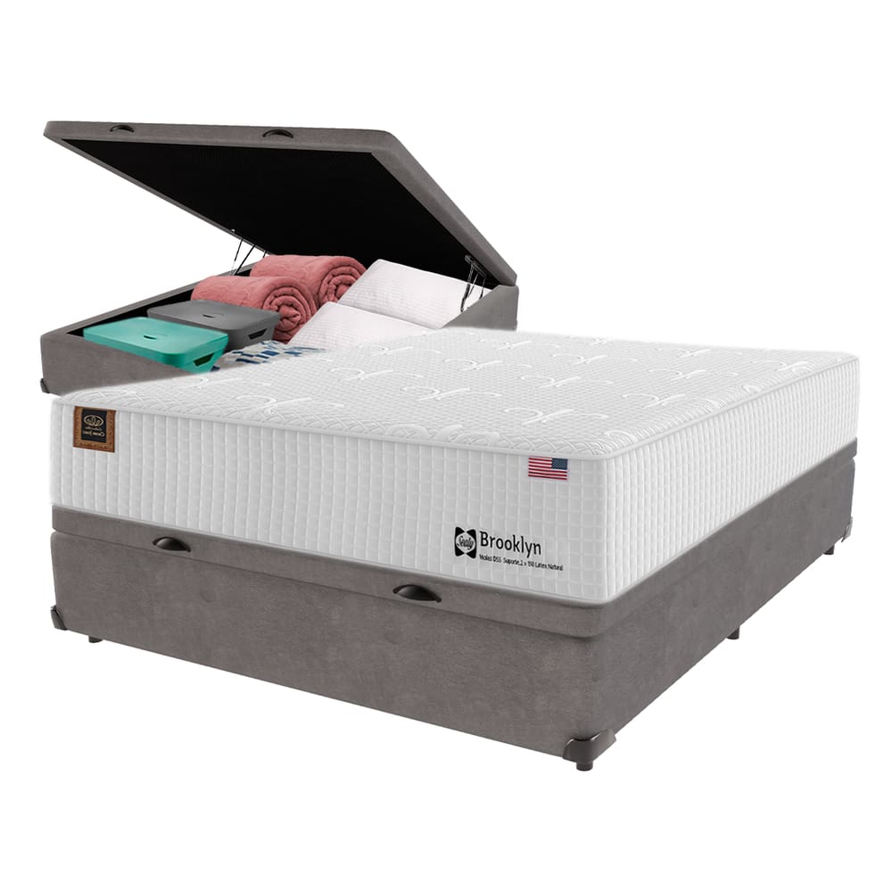 Cama Box Baú Cinza e Colchão Casal Brooklin Látex Natural e Molas Sealy