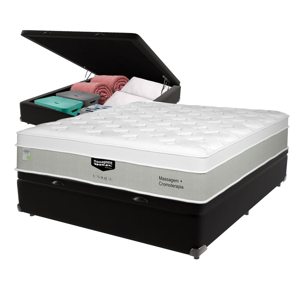 Cama Box Baú Preto e Colchão Casal Massageant Unique