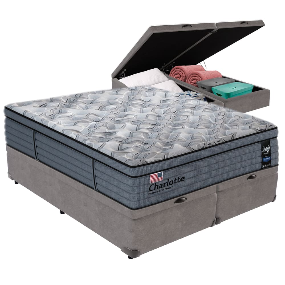 Cama Box Baú Cinza e Colchão Queen Charlotte Molas Ensacadas Sealy