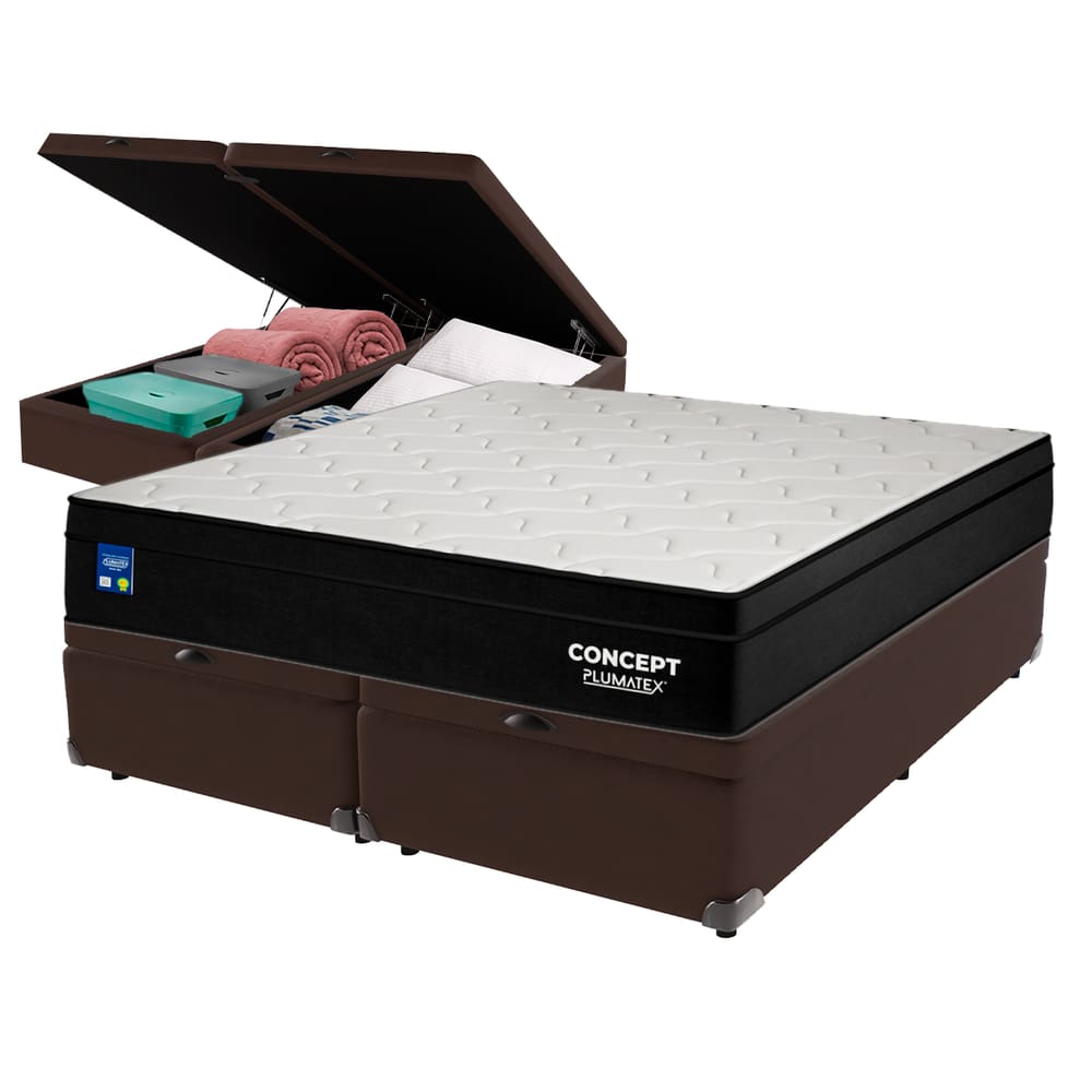 Cama Box Baú Marrom e Colchão Queen Concept Molas Ensacadas Plumatex