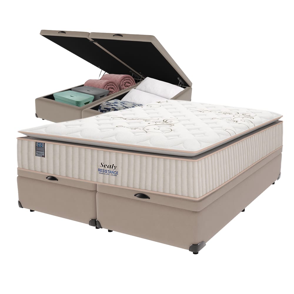 Cama Box Baú Bege e Colchão King Resistance Molas LFK Sealy