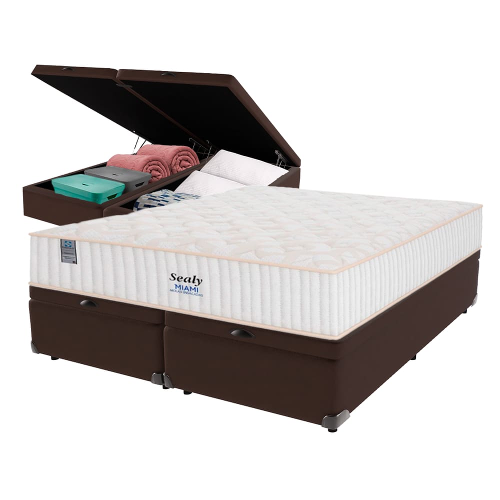 Cama Box Baú Marrom e Colchão Queen Miami Molas Ensacadas Euro Pillow Sealy