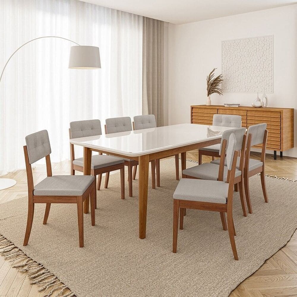Conjunto Mesa de Jantar Tangará 210cm e 8 Cadeiras Estofadas Tiê Cabecasa Madeiramadeira Caramelo/Bege Claro