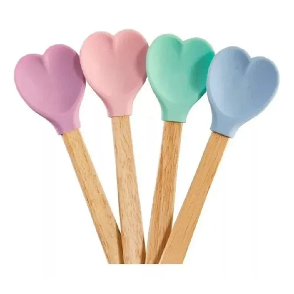 Colher De Silicone Coracao Com Cabo Em Bambu 27Cm
