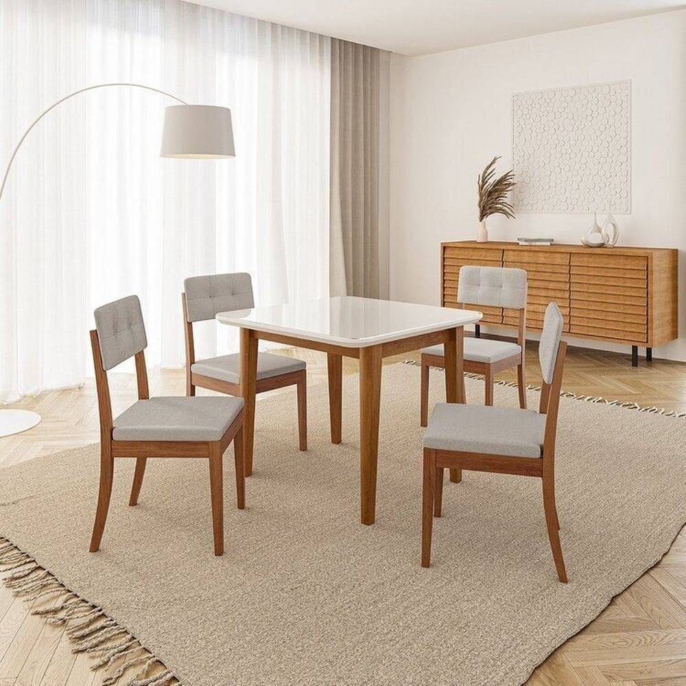 Conjunto Mesa de Jantar Tangará 95cm e 4 Cadeiras Estofadas Tiê Cabecasa Madeiramadeira Caramelo/Bege Claro