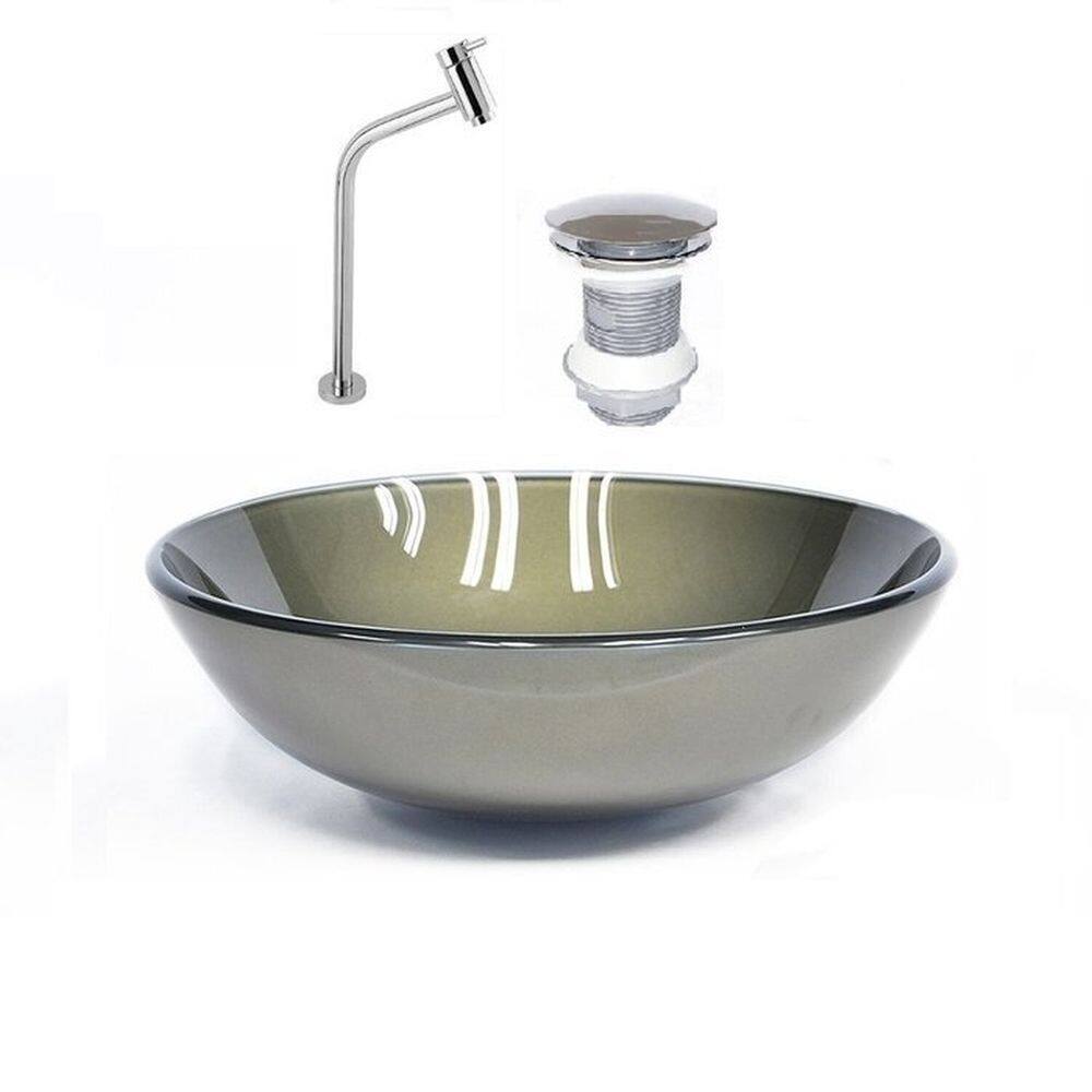 Cuba de Vidro Redonda 42cm Ouro Envelhecido + Valvula + Torneira Cromada Ouro Envelhecido