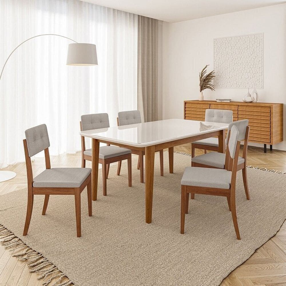 Conjunto Mesa de Jantar Tangará 180cm e 6 Cadeiras Estofadas Tiê Cabecasa Madeiramadeira Caramelo/Bege Claro