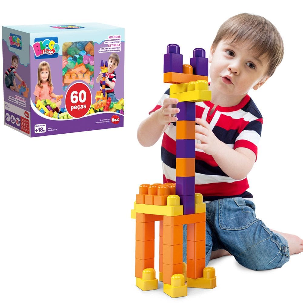 Blocos de Montar V Infantil da Blocolândia 60 Peças MK404 Coloridas e Divertidas para Bebês e Crianças Pequenas - Dismat