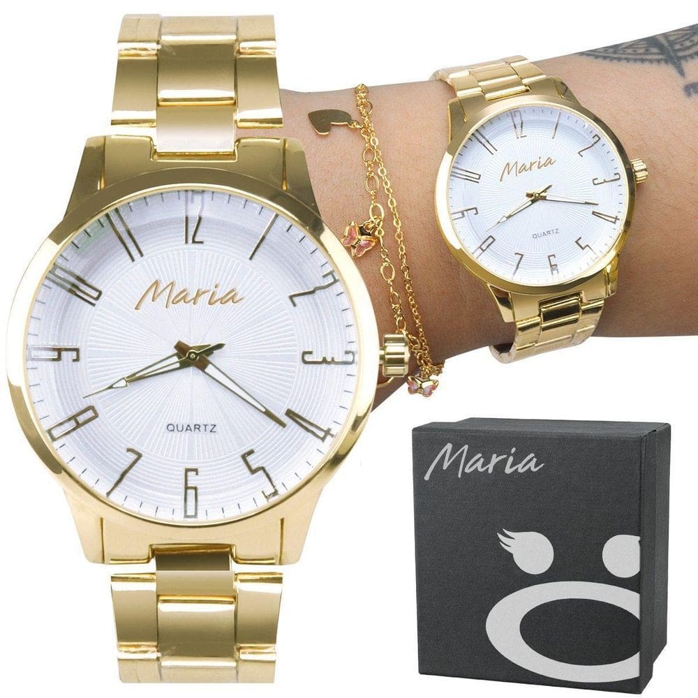 Relogio Inox Dourado Feminino Banhado Aço + Caixa Presente