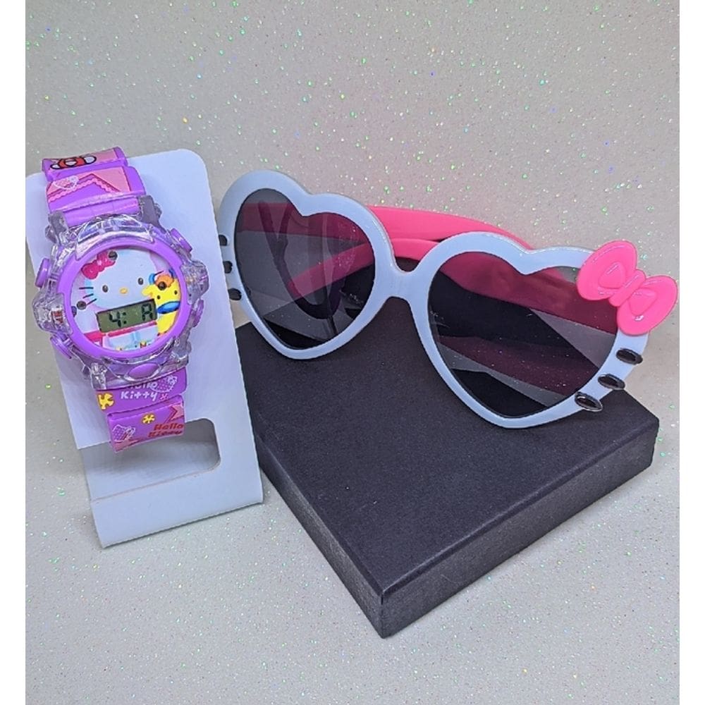 Kit Relógio Infantil Digital Pisca luz Led Colorida Musica Silicone ajustável + Óculos Armação Coração Hello Kitty Moda