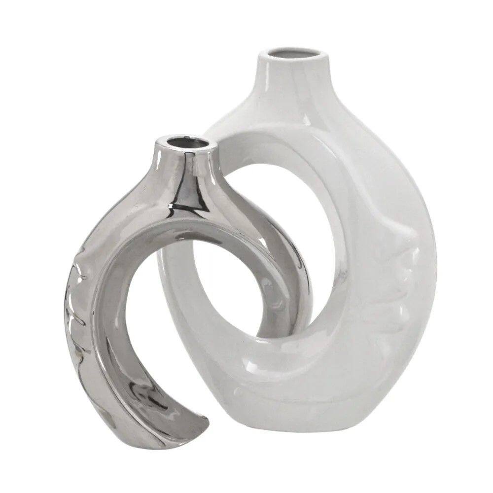 Jogo De Vasos Decorativos Branco E Prata 28Cm