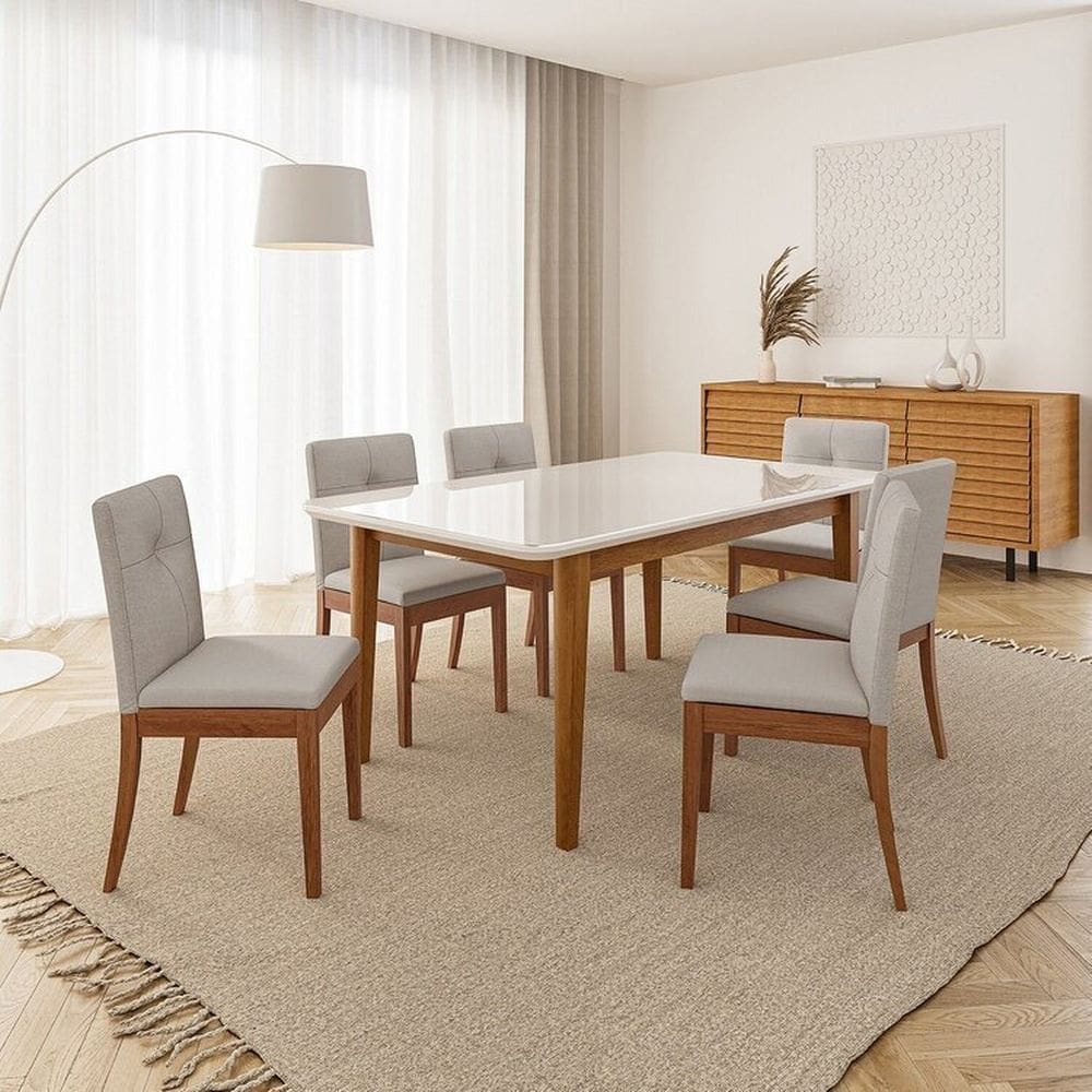 Conjunto Mesa de Jantar Tangará 180cm e 6 Cadeiras Estofadas Tiê Maxx Cabecasa Madeiramadeira Caramelo/Bege Claro
