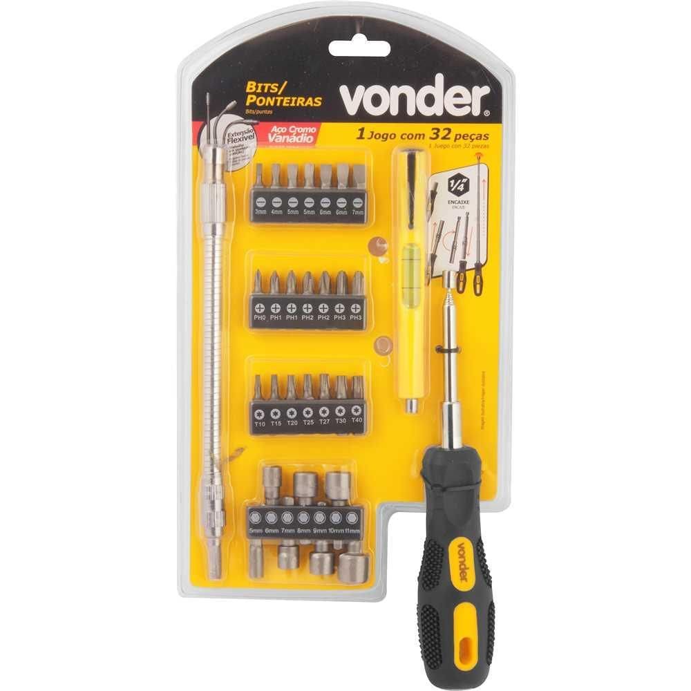 Jogo de bits/ponteiras com 32 peças encaixe sextavado de 1/4” VONDER