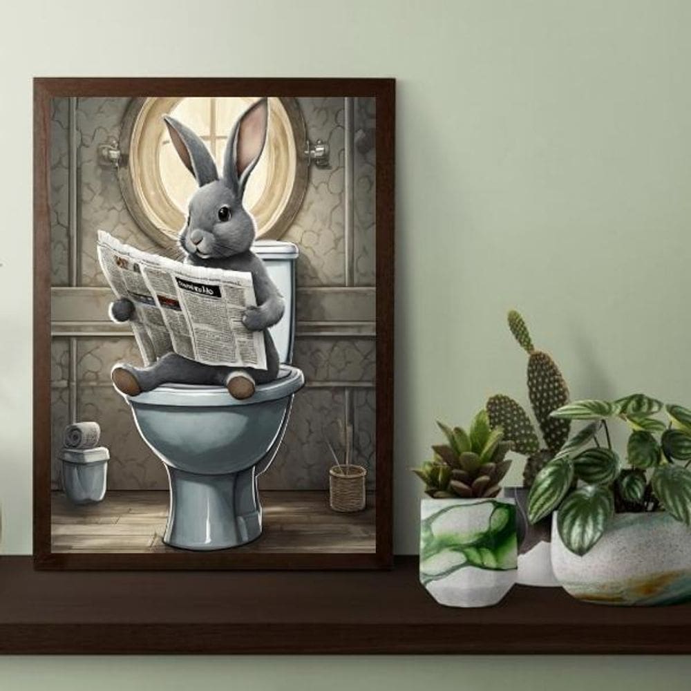 Quadro Coelho No Banheiro Lendo Jornal 24X18Cm - Com Vidro