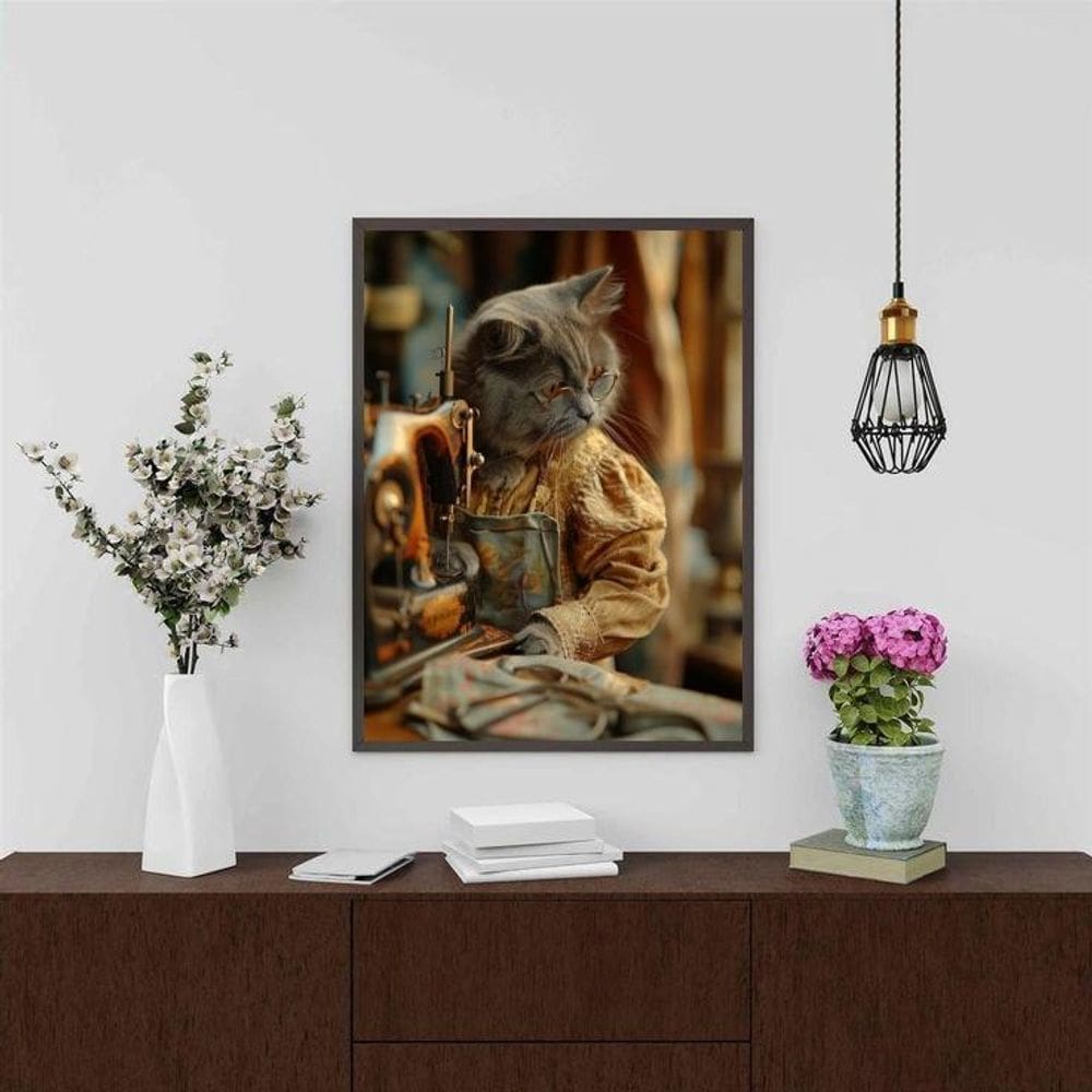 Quadro Atelier De Costura Retrô - Gatinha 45X34Cm - Vidro