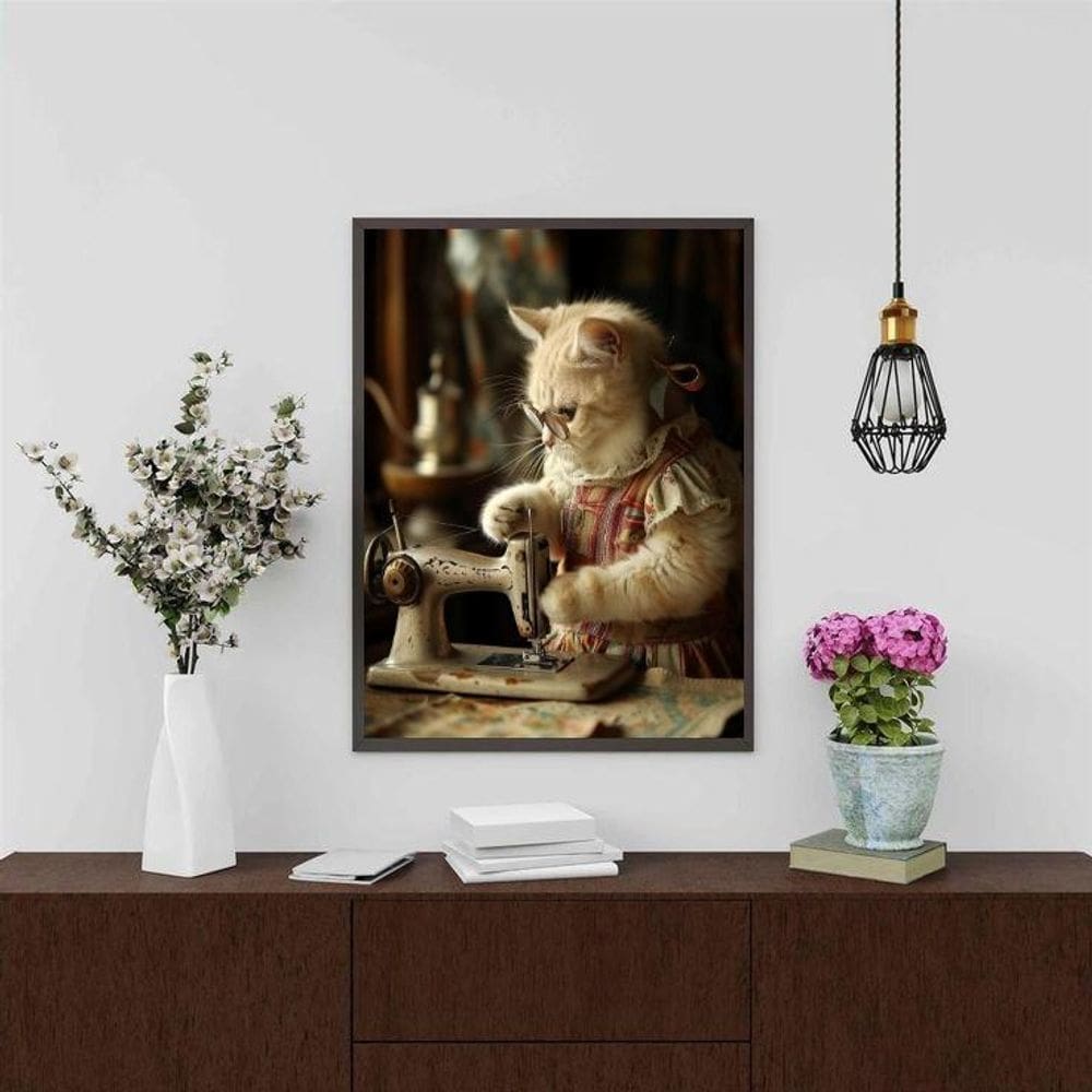 Quadro Atelier De Costura Vintage - Gatinha 33X24Cm - Vidro
