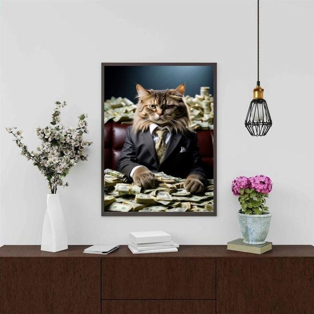 Quadro Decorativo Gato Rico 45X34Cm - Com Vidro