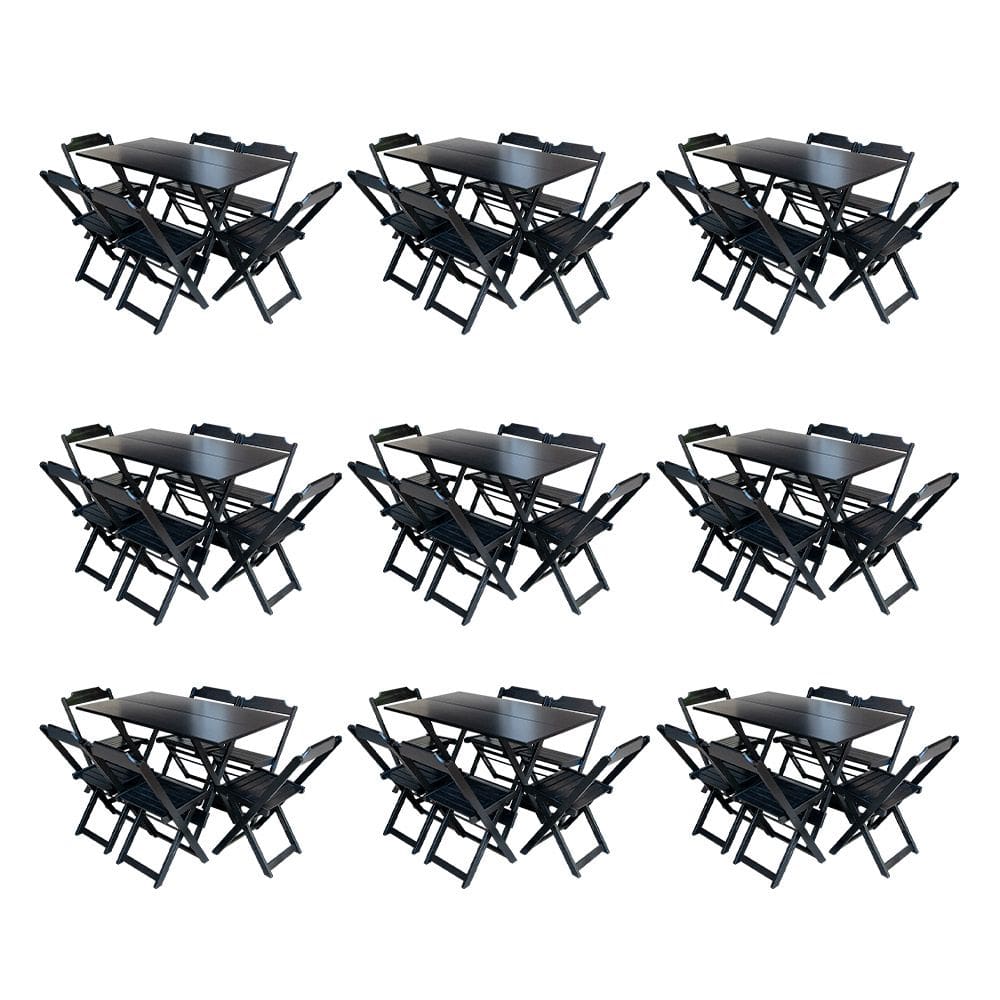 Kit 9 Conjuntos de Mesa Dobravel com 6 Cadeiras de Madeira 120x70 para Restaurante e Bar - Preto