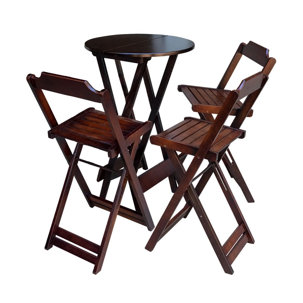 Conjunto de Mesa Bistrô Dobrável em Madeira Maciça com 3 Banquetas Altas - Imbuia