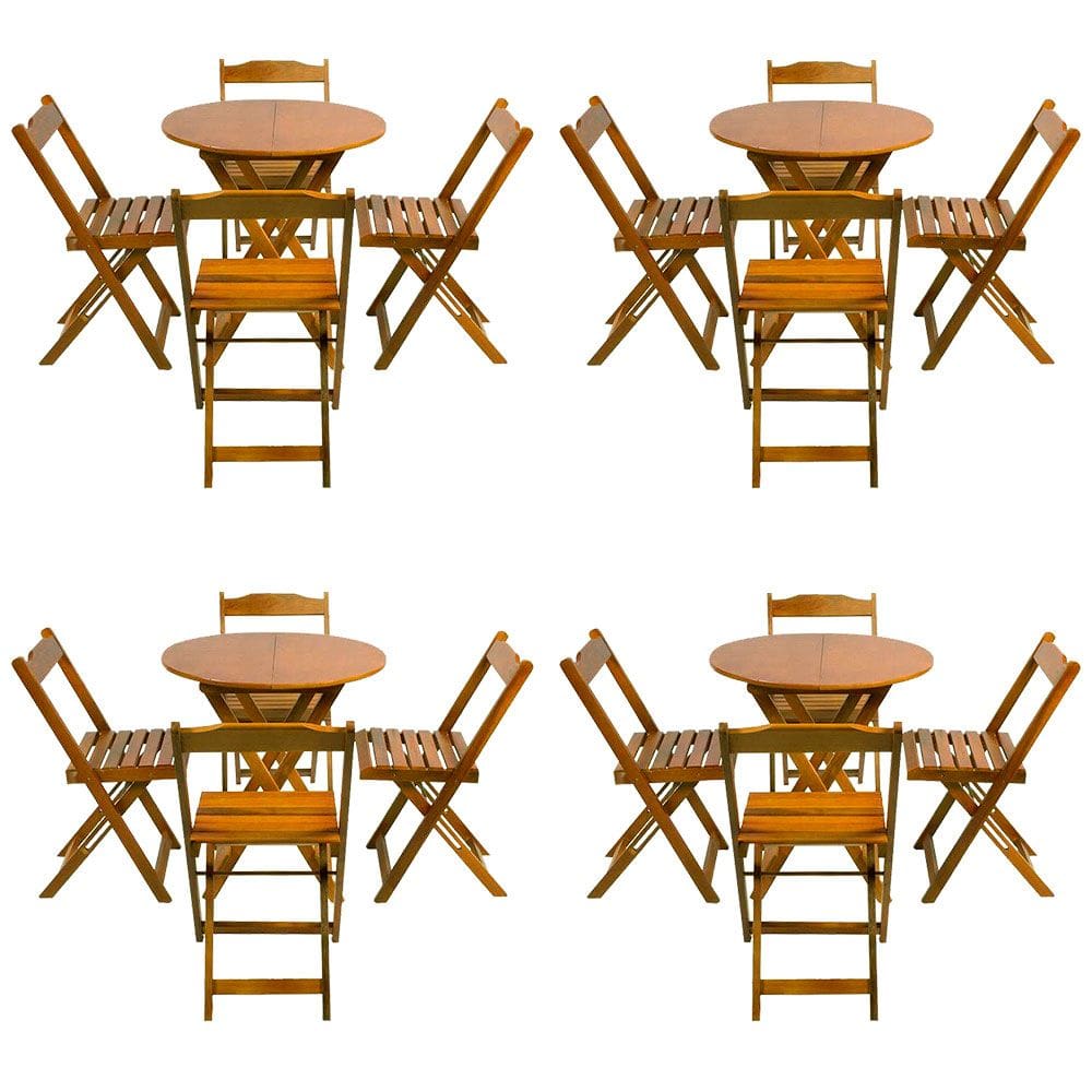 Kit 4 Conjuntos de Mesa Dobravel 70x70 Tampo Redondo em Madeira Padrao com 4 Cadeiras - Caramelo