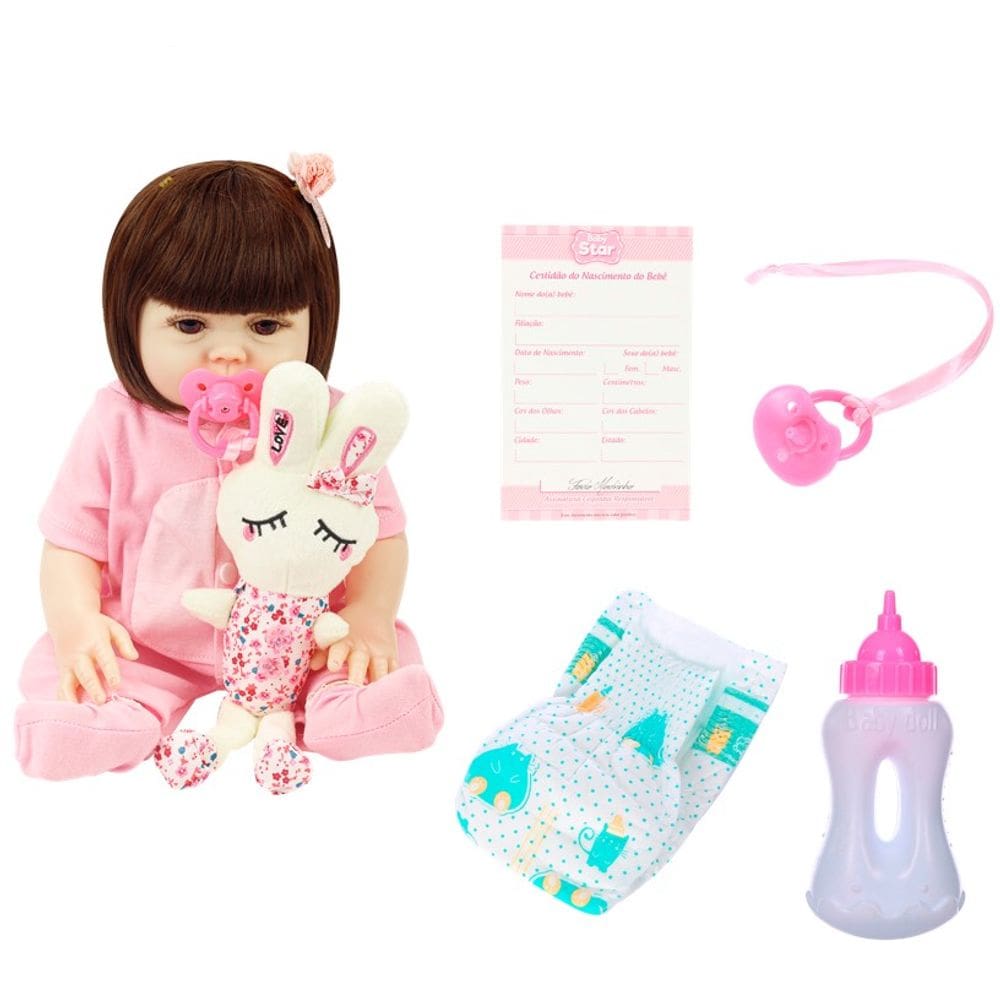 Boneca Bebê Reborn com Macacão e Acessórios Baby Star
