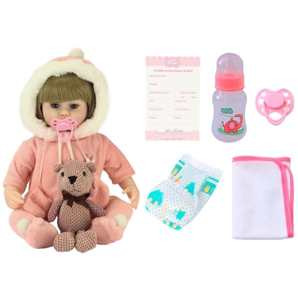 Boneca Bebê Reborn com Macacão Pelúcia e Acessórios Baby Star