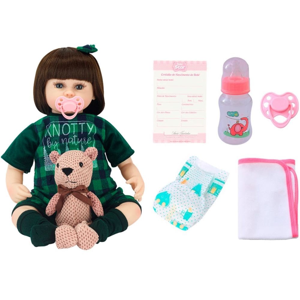 Boneca Bebê Reborn Macacão Quadriculado com Acessórios Baby Star