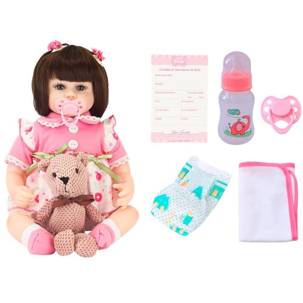 Boneca Bebê Reborn Morena com Vestido de Bolinhas e Acessórios Baby Star