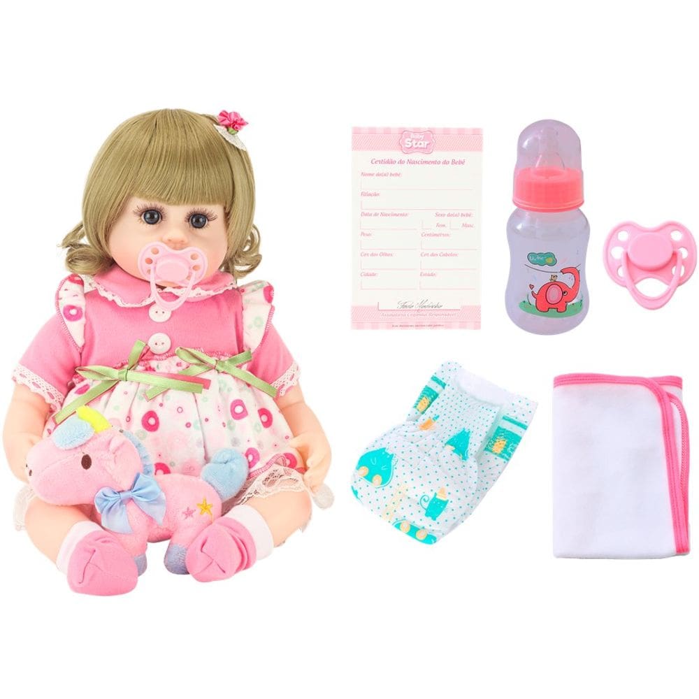 Boneca Bebê Reborn Loira com Vestido de Bolinhas e Acessórios Baby Star