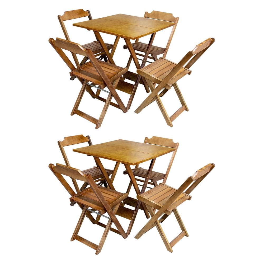 Kit 2 Conjuntos De Mesa Com 4 Cadeiras De Madeira Dobravel 70x70 Castanho