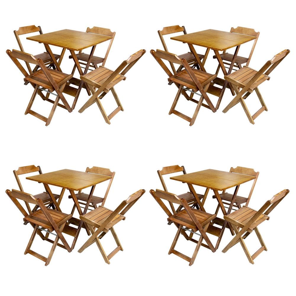 Kit 4 Jogos De Mesa Com 4 Cadeiras De Madeira Dobravel 70x70 Ideal Para Bar E Restaurante - Castanho